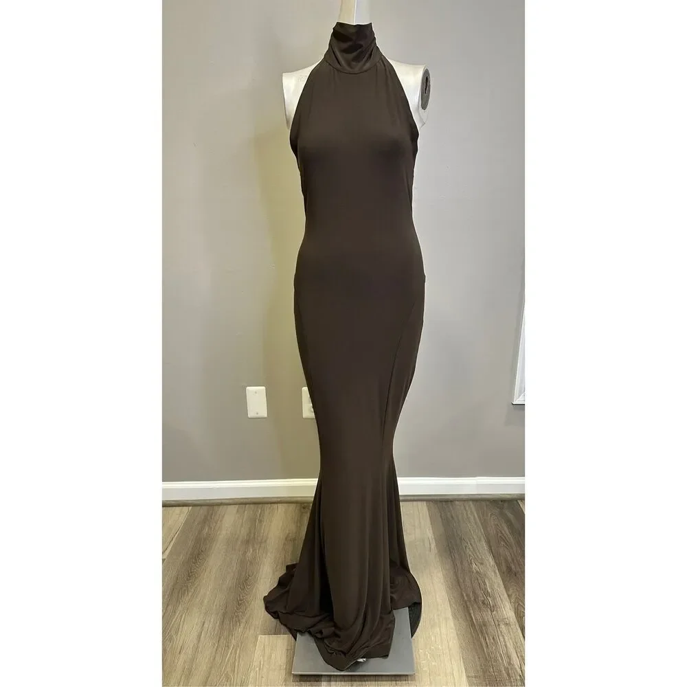 NWT Norma Kamali Halter Turtle Fishtail Gown in Chocolate Size XXS $195 - Picture 3 of 10